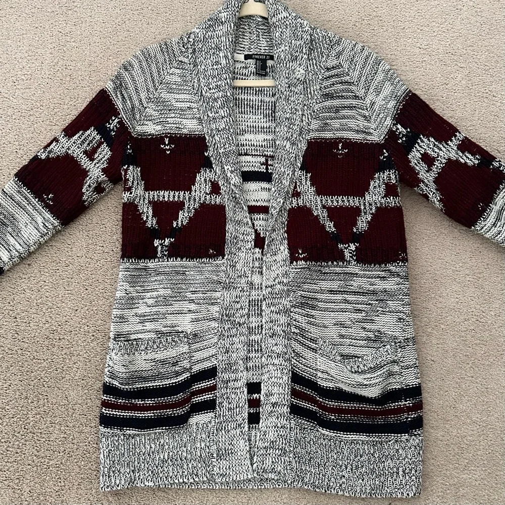 Fair Isle Fall Grey & Burgundy Open Front Oversized Cardigan Sweater